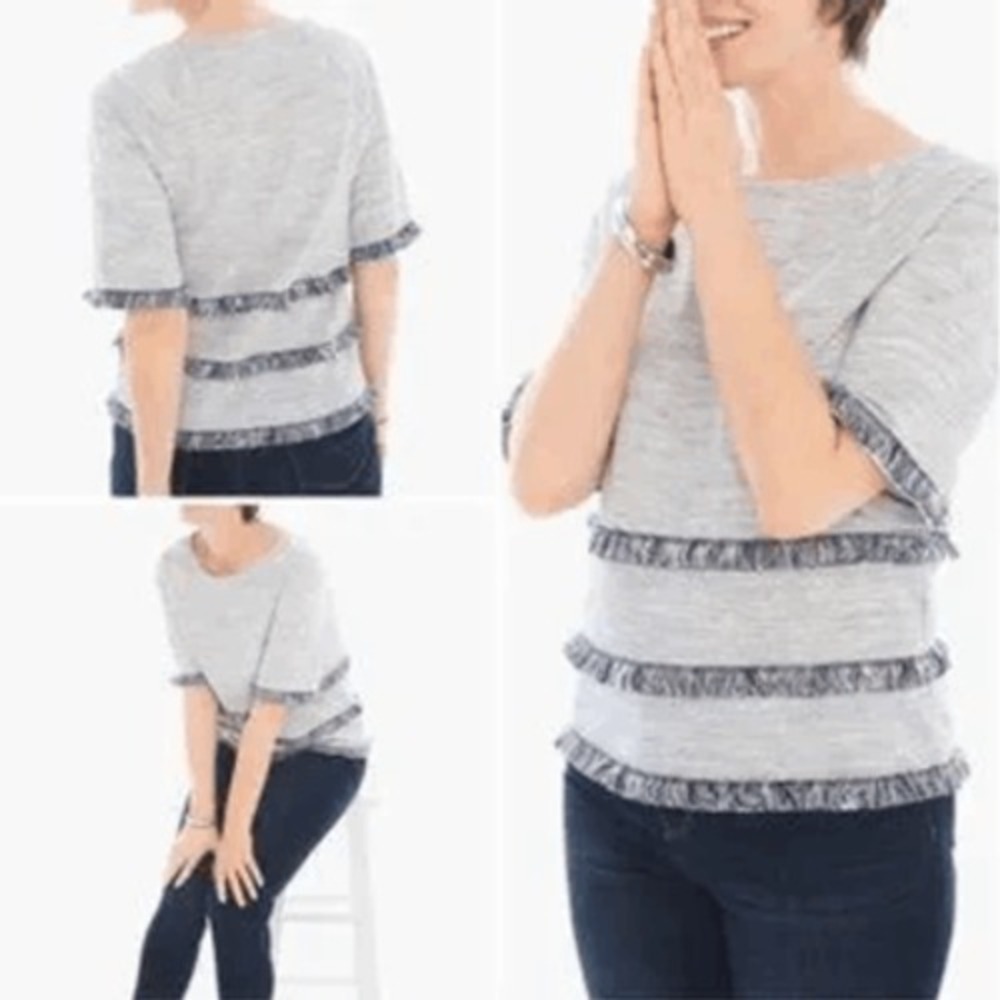 Chico's Faris Fringe Trim Heathered Gray Striped Short Sleeve Top Size L XL